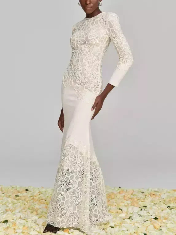 Crochet Embroidery Sequined Maxi Dress in Ivory - Dresses
