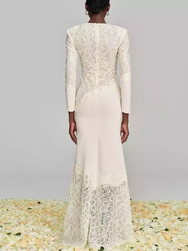 Crochet Embroidery Sequined Maxi Dress in Ivory - Dresses