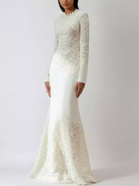 Crochet Embroidery Sequined Maxi Dress in Ivory - Dresses
