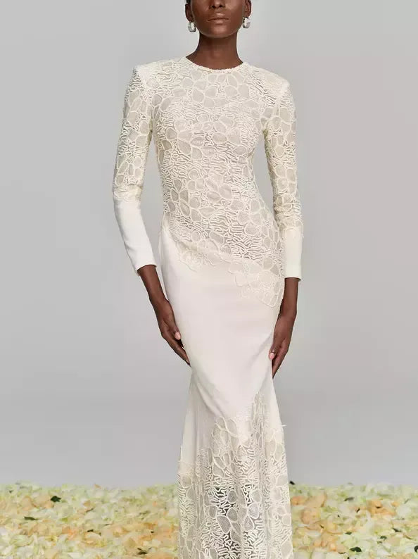 Crochet Embroidery Sequined Maxi Dress in Ivory - Dresses