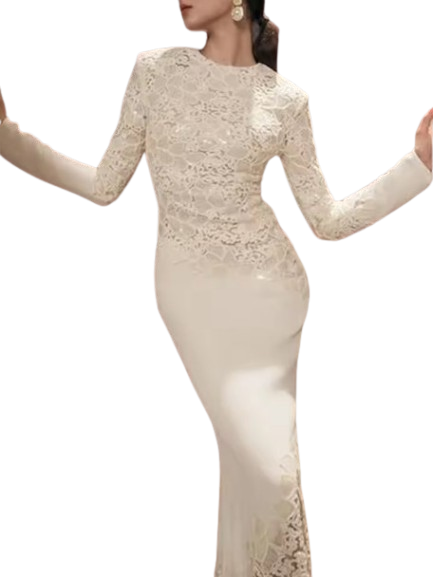 Crochet Embroidery Sequined Maxi Dress in Ivory - Dresses