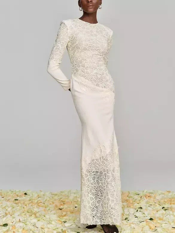 Crochet Embroidery Sequined Maxi Dress in Ivory - Dresses