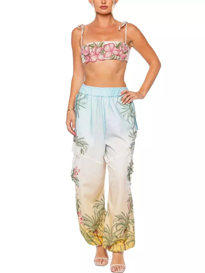 Crochet Floral Embroidered Crop Top and Cargo Pant Set showcasing trendy floral prints