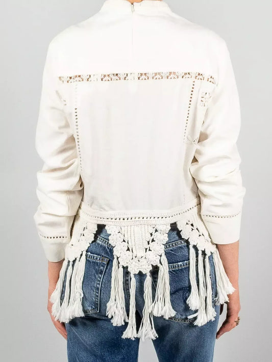 Crochet Macrame Trim Tassel White Embroidered Top - Tops