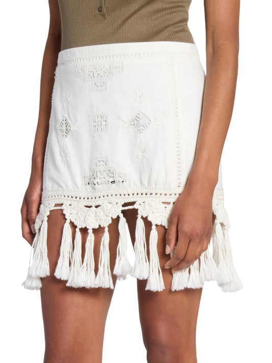 Crochet Macrame Trim Tassel White Mini Skirt - Skirts