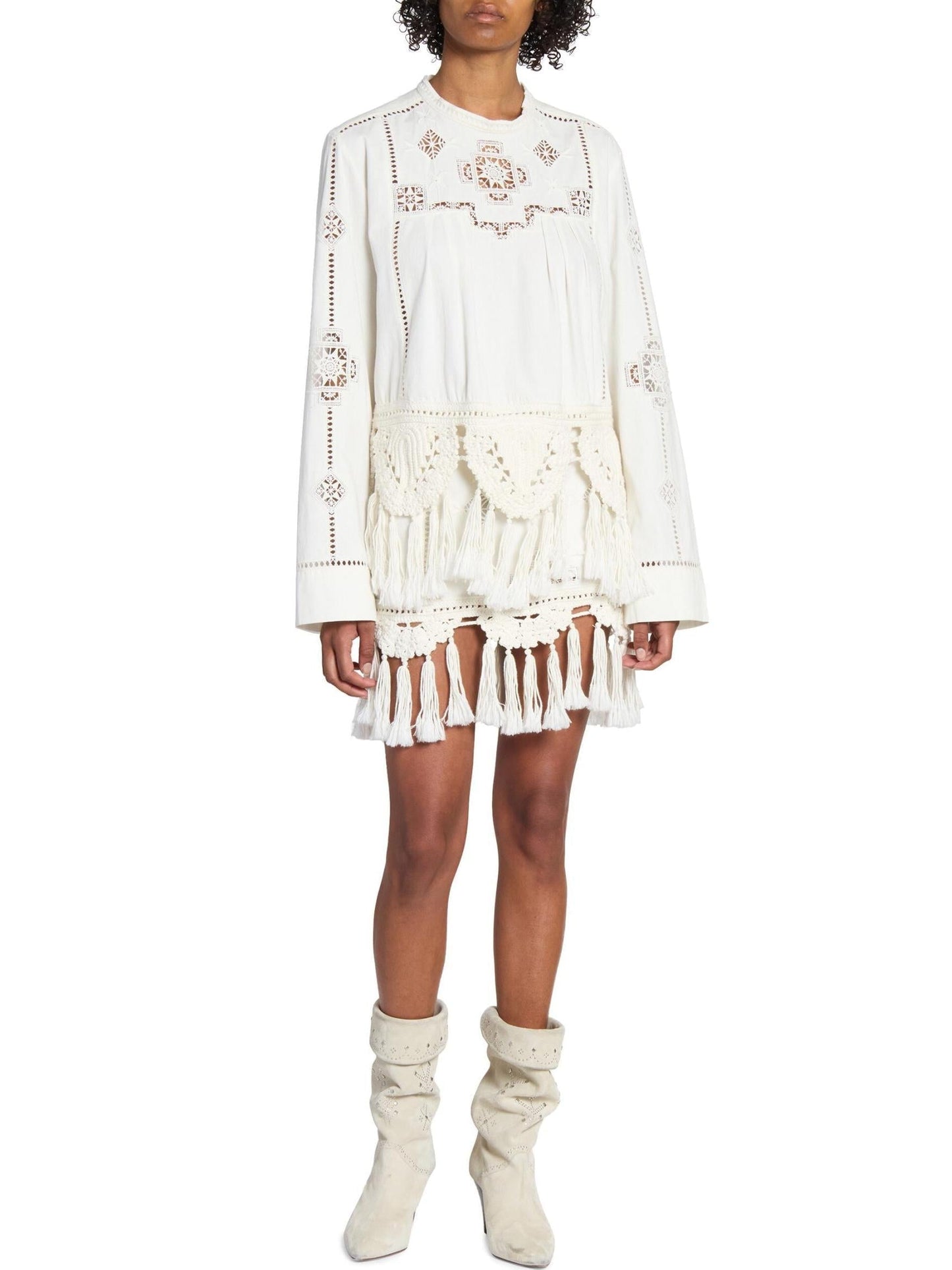 Crochet Macrame Trim Tassel White Mini Skirt - Skirts