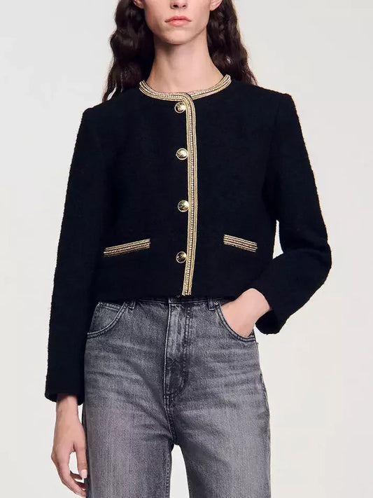 Cropped Black Tweed Jacket with Gold-Trim and Crystals - Jackets