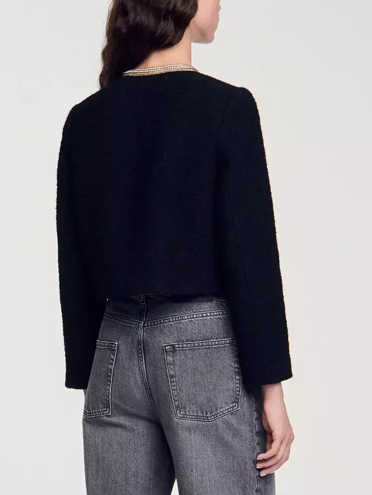 Cropped Black Tweed Jacket with Gold-Trim and Crystals - Jackets