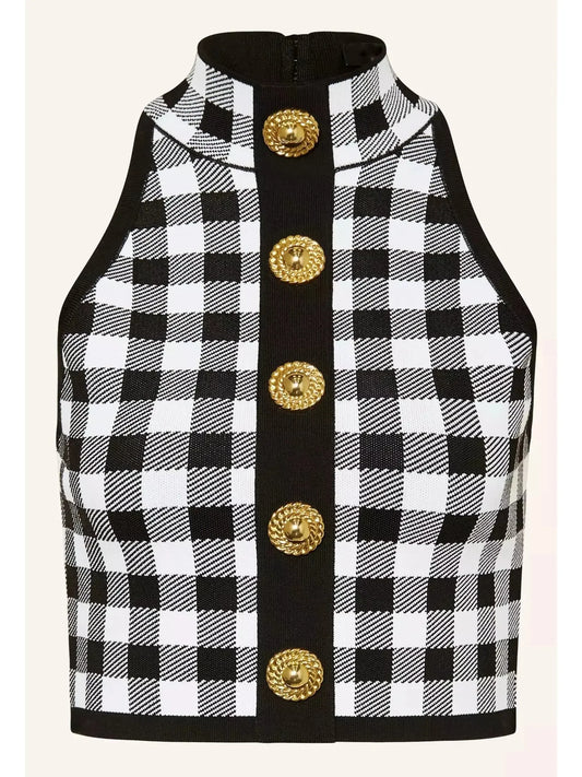 Cropped Button-Embellished Gingham Halter Top and Skirt Set Black & White - Suits & Sets