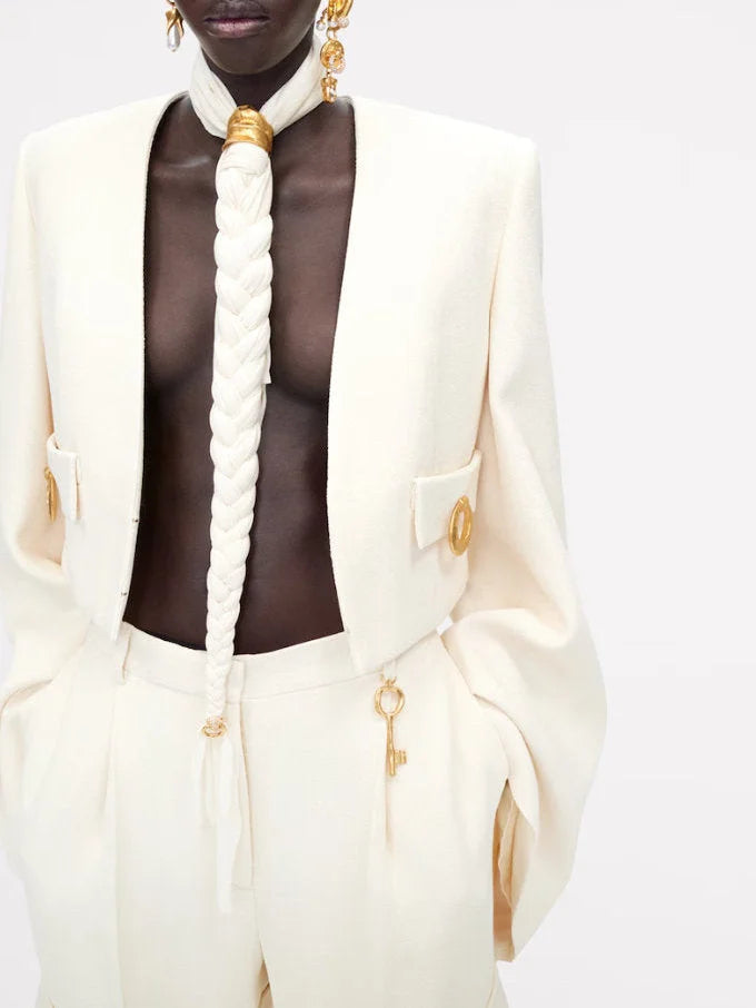 Cropped Collarless Jacket with Gold Ring Details - Jackets