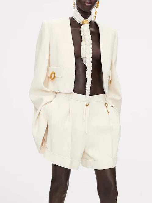 Cropped Collarless Jacket with Gold Ring Details - Jackets