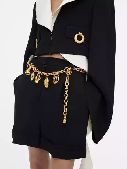 Cropped Collarless Jacket with Gold Ring Details - Jackets