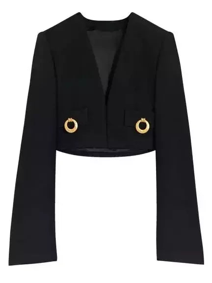 Cropped Collarless Jacket with Gold Ring Details - Jackets