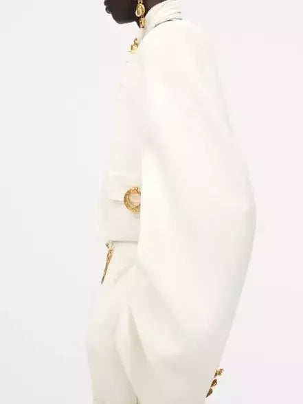 Cropped Collarless Jacket with Gold Ring Details - Jackets