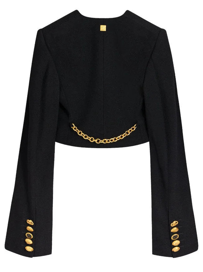 Cropped Collarless Jacket with Gold Ring Details - Jackets