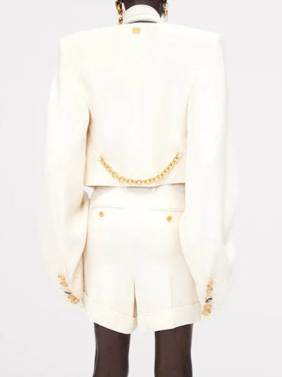 Cropped Collarless Jacket with Gold Ring Details - Jackets