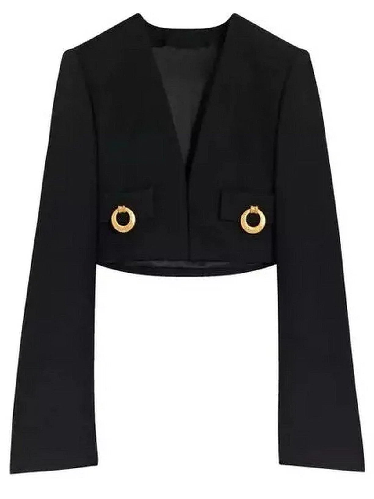 Cropped Collarless Jacket with Gold Ring Details - M / Black - Jackets