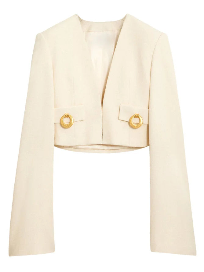Cropped Collarless Jacket with Gold Ring Details - S / Cream - Jackets