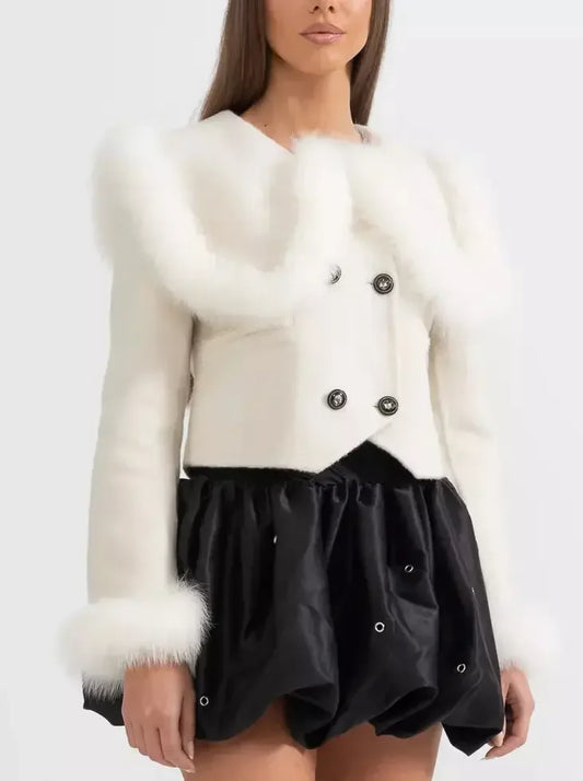 Cropped Double-Breasted Fur-Trim Wool Jacket - Jackets