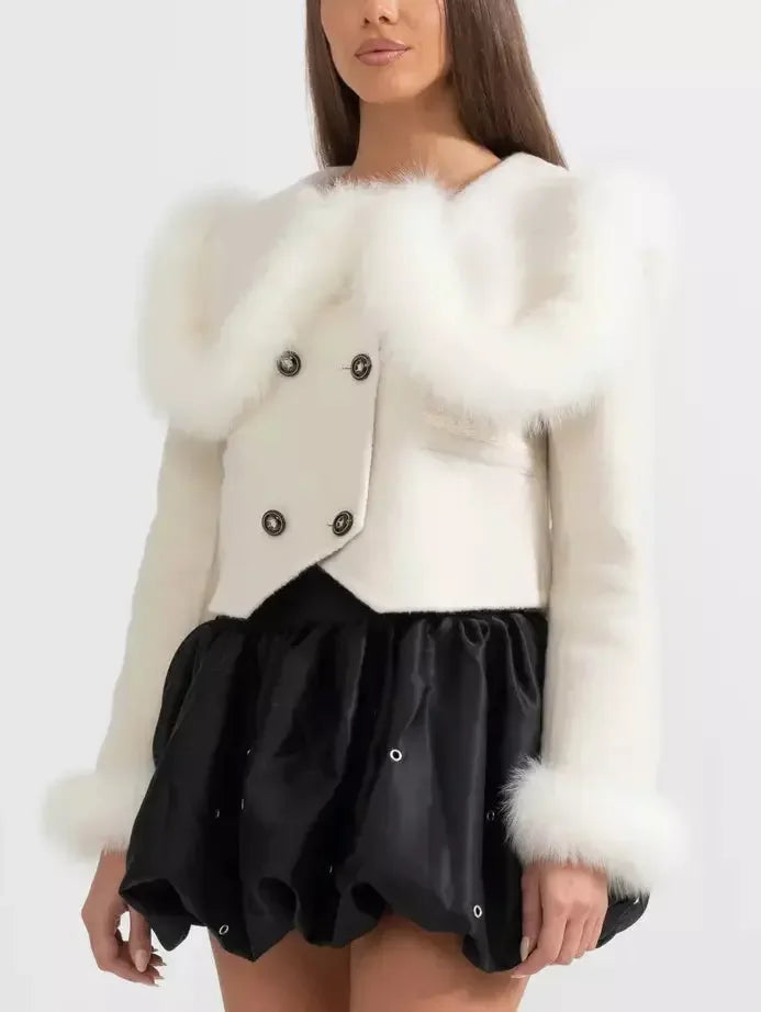 Cropped Double-Breasted Fur-Trim Wool Jacket - Jackets