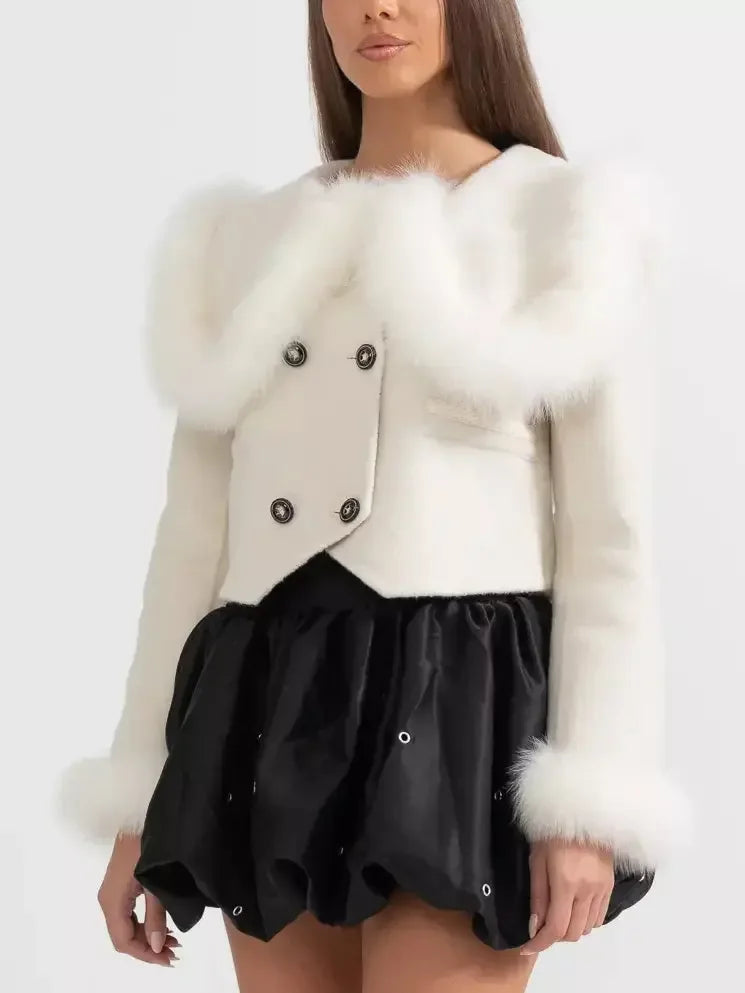 Cropped Double-Breasted Fur-Trim Wool Jacket - Jackets