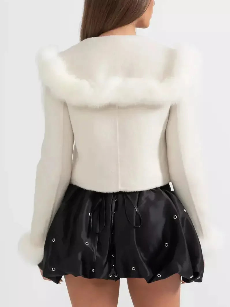Cropped Double-Breasted Fur-Trim Wool Jacket - Jackets