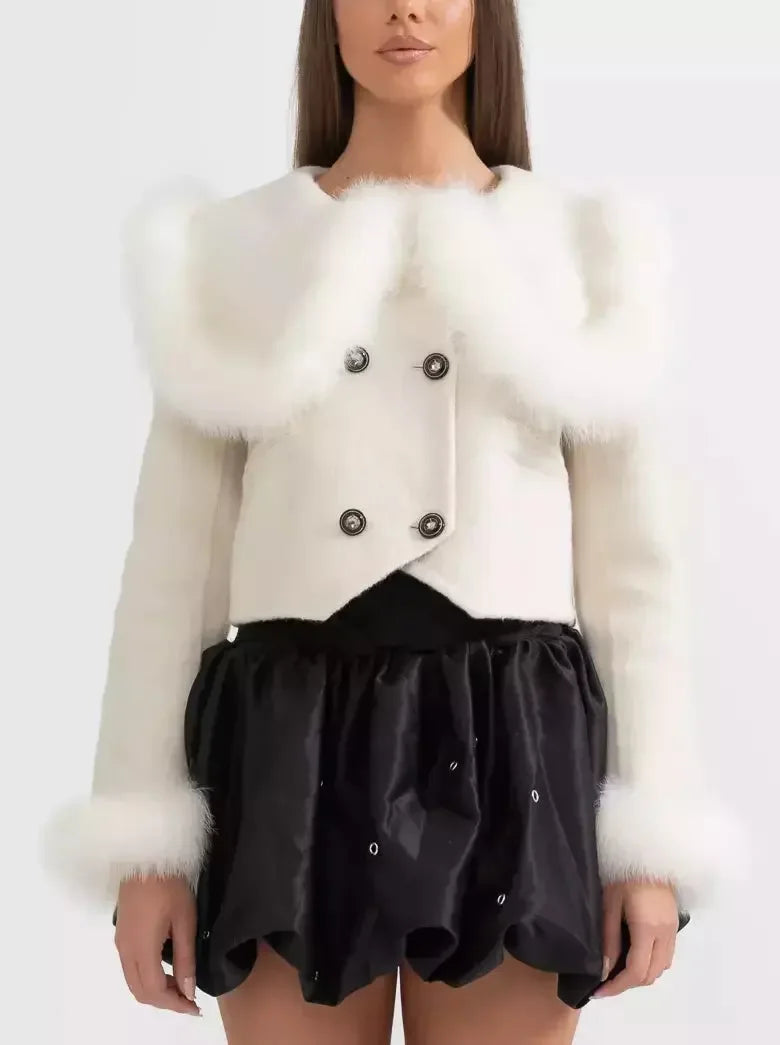 Cropped Double-Breasted Fur-Trim Wool Jacket - Jackets