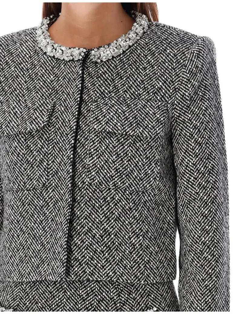 Cropped Embellished Herringbone Jacket and Skirt Set - Suits & Sets