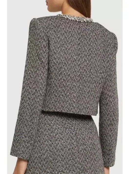 Cropped Embellished Herringbone Jacket and Skirt Set - Suits & Sets