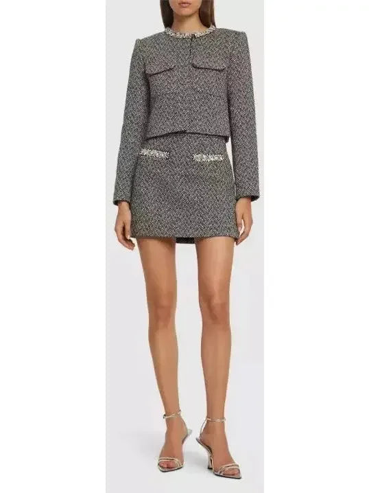 Cropped Embellished Herringbone Jacket and Skirt Set - Suits & Sets