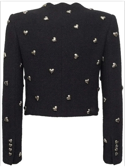 Cropped Heart-Embellished Jacket in Boucle Tweed - Jackets
