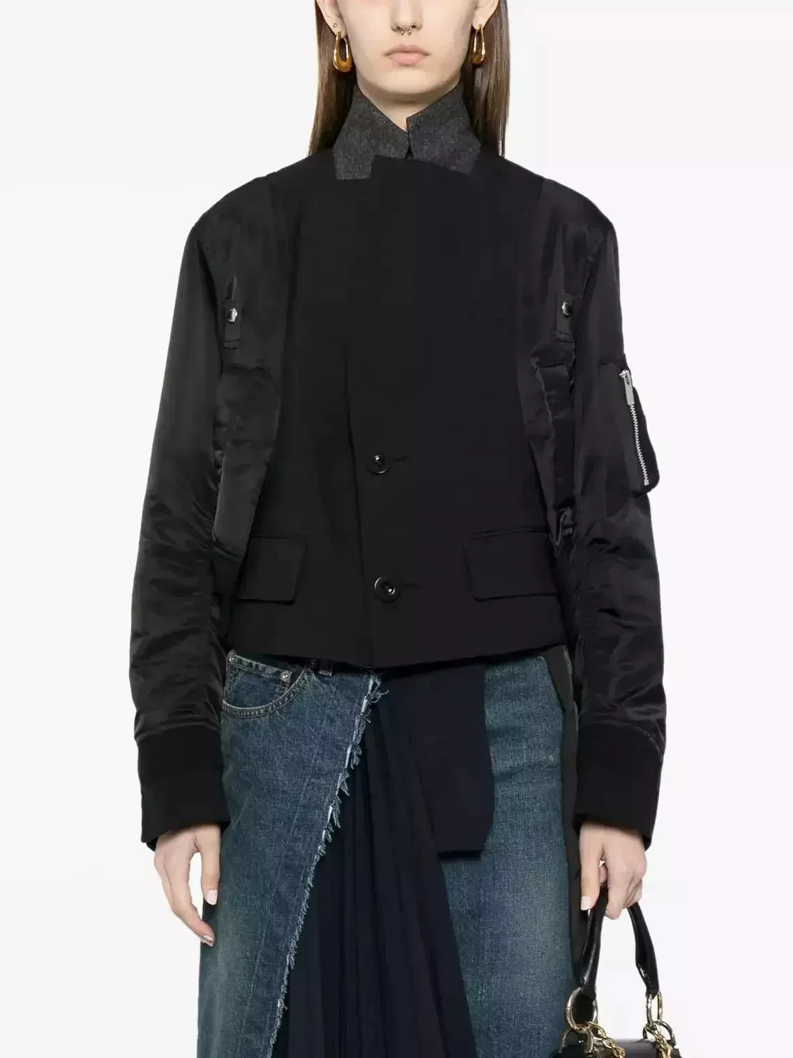Cropped Hybrid Paneled Jacket in Black - Jackets