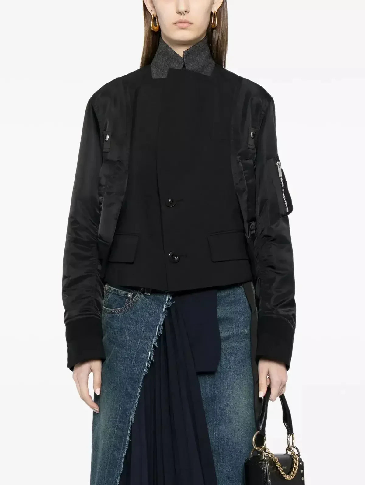 Cropped Hybrid Paneled Jacket in Black - Jackets