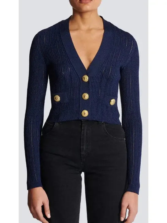 Cropped Knit Cardigan in Navy - Sweaters & Knitwear