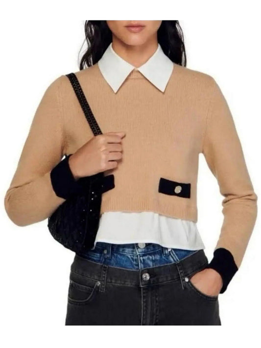 Cropped Knit Layered Sweater with Detachable Collar - Sweaters & Knitwear