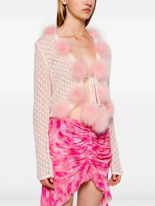 Cropped Knit Pink Pom-Pom Cardigan Sweater - Sweaters & Knitwear