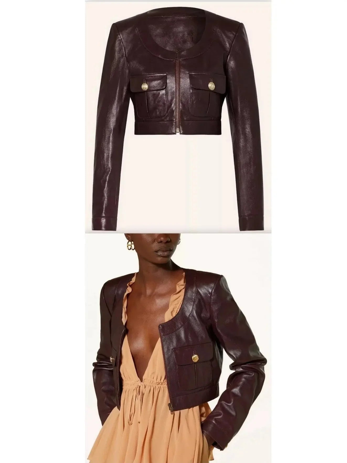 Cropped Leather Jacket with Scoop Collar and Buttoned Pockets - Jackets