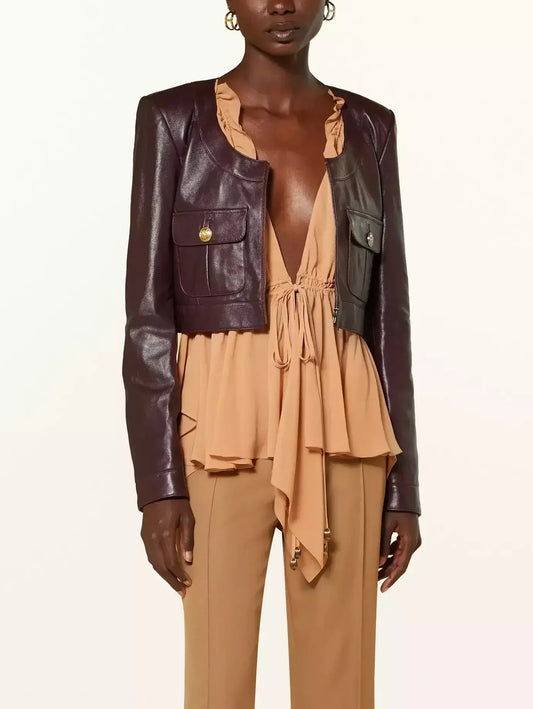 Cropped Leather Jacket with Scoop Collar and Buttoned Pockets - Jackets