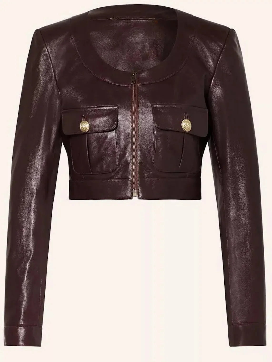 Cropped Leather Jacket with Scoop Collar and Buttoned Pockets - Jackets