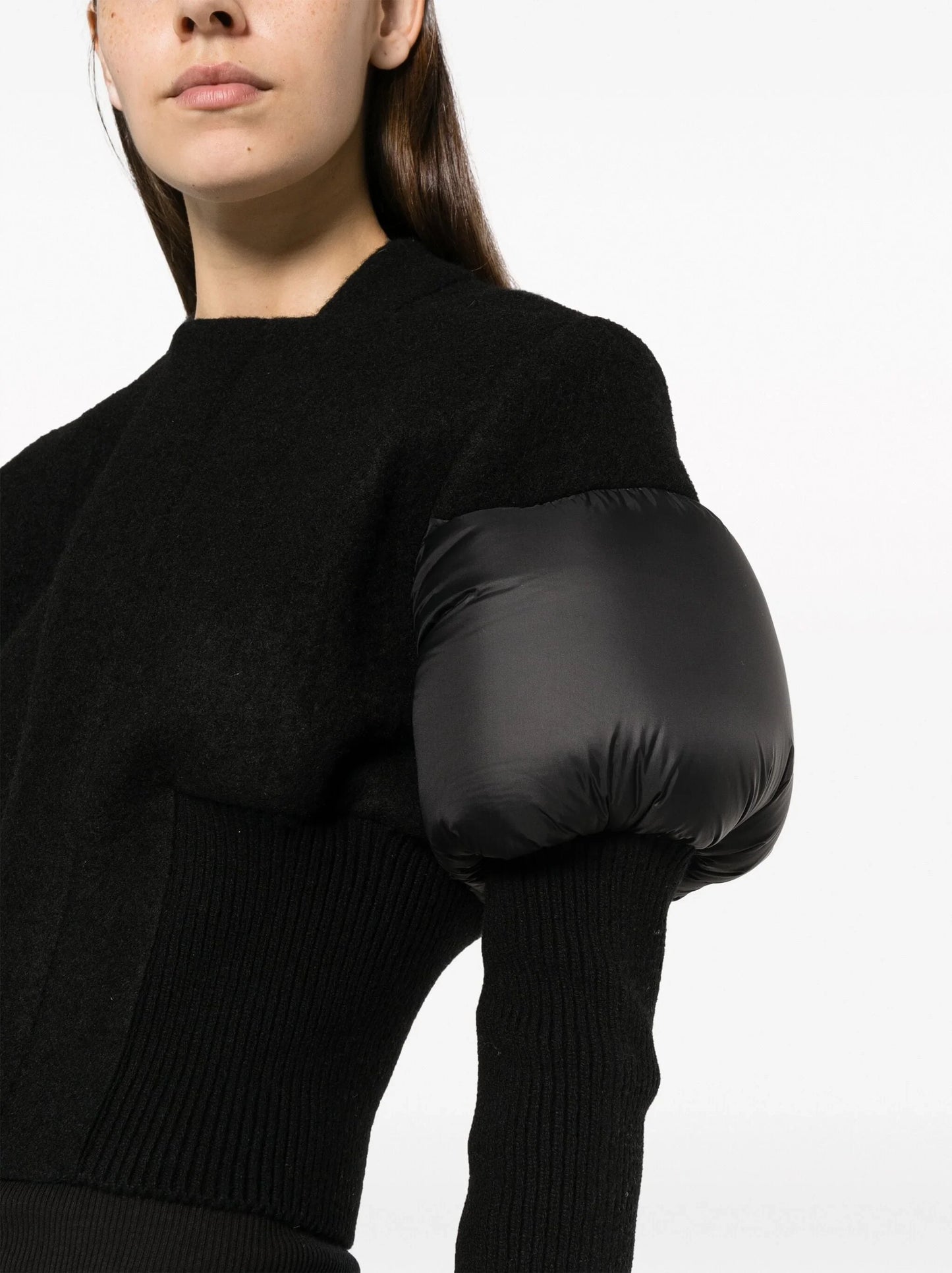 Cropped Padded Paneled Ribbed Knit Jacket in Black - Jackets