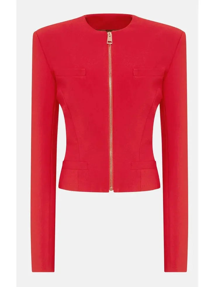 Cropped Red Crepe Blazer Jacket with Zip Front - Jackets