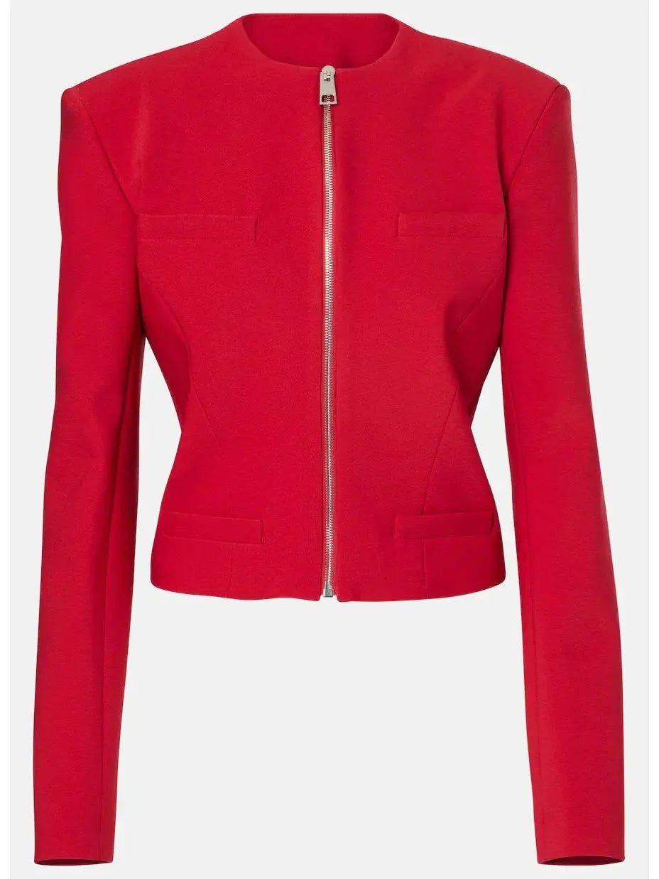 Cropped Red Crepe Blazer Jacket with Zip Front - Jackets