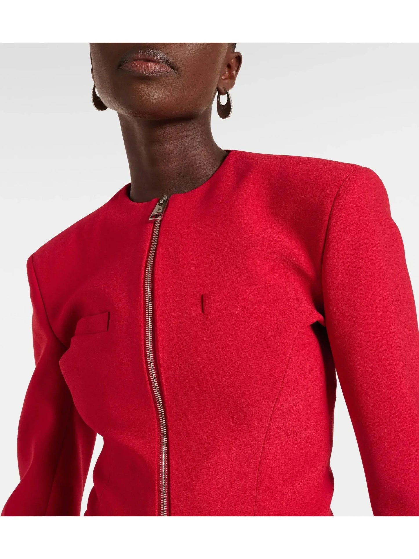 Cropped Red Crepe Blazer Jacket with Zip Front - Jackets