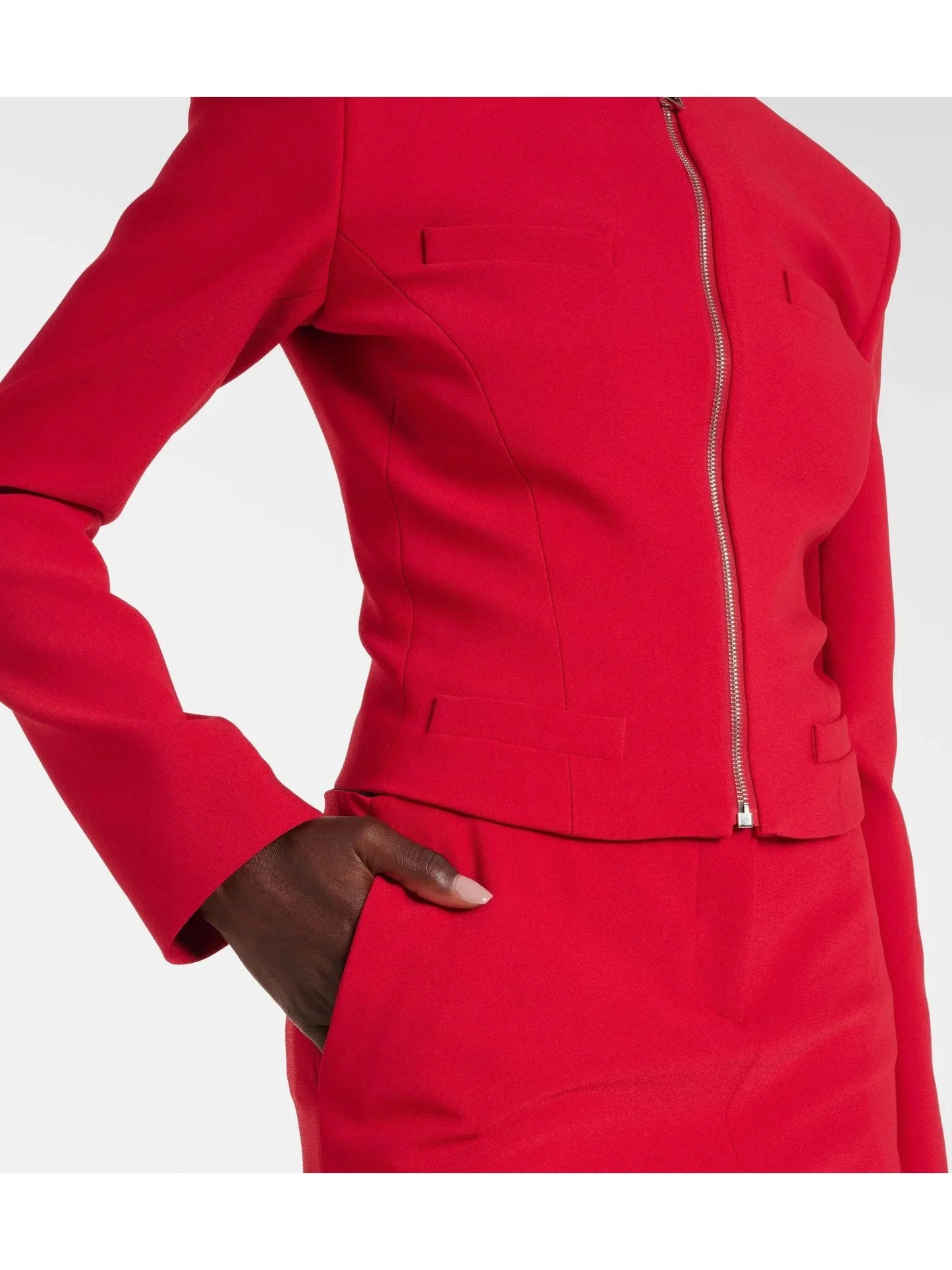 Cropped Red Crepe Blazer Jacket with Zip Front - Jackets