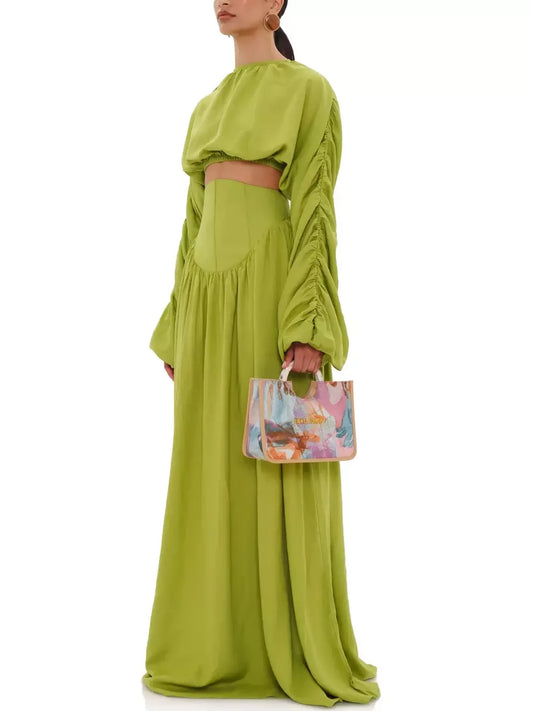 Cropped Ruched Top with long Matching Corset Skirt Set in Green - Suits & Sets