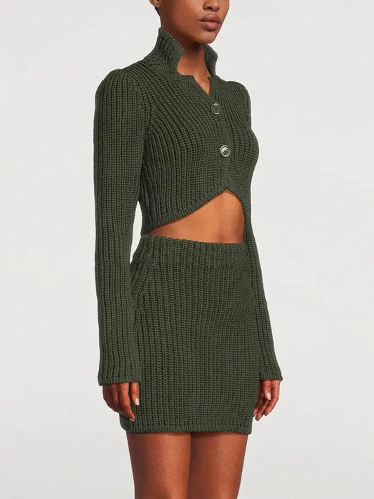 Cropped Technical Knit Cardigan and Mini Skirt Set - Suits & Sets