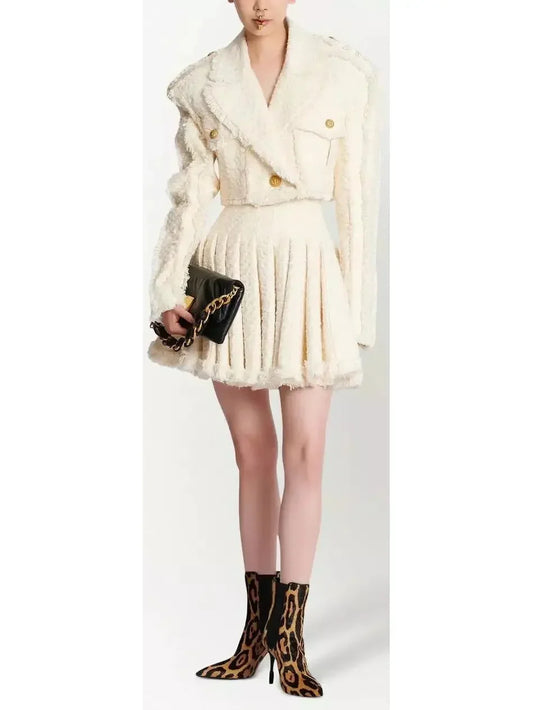 Cropped Tweed Jacket and Pleated Skirt Set - Suits & Sets