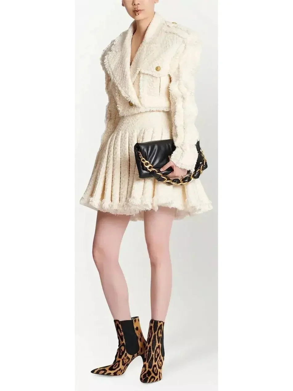 Cropped Tweed Jacket and Pleated Skirt Set - Suits & Sets