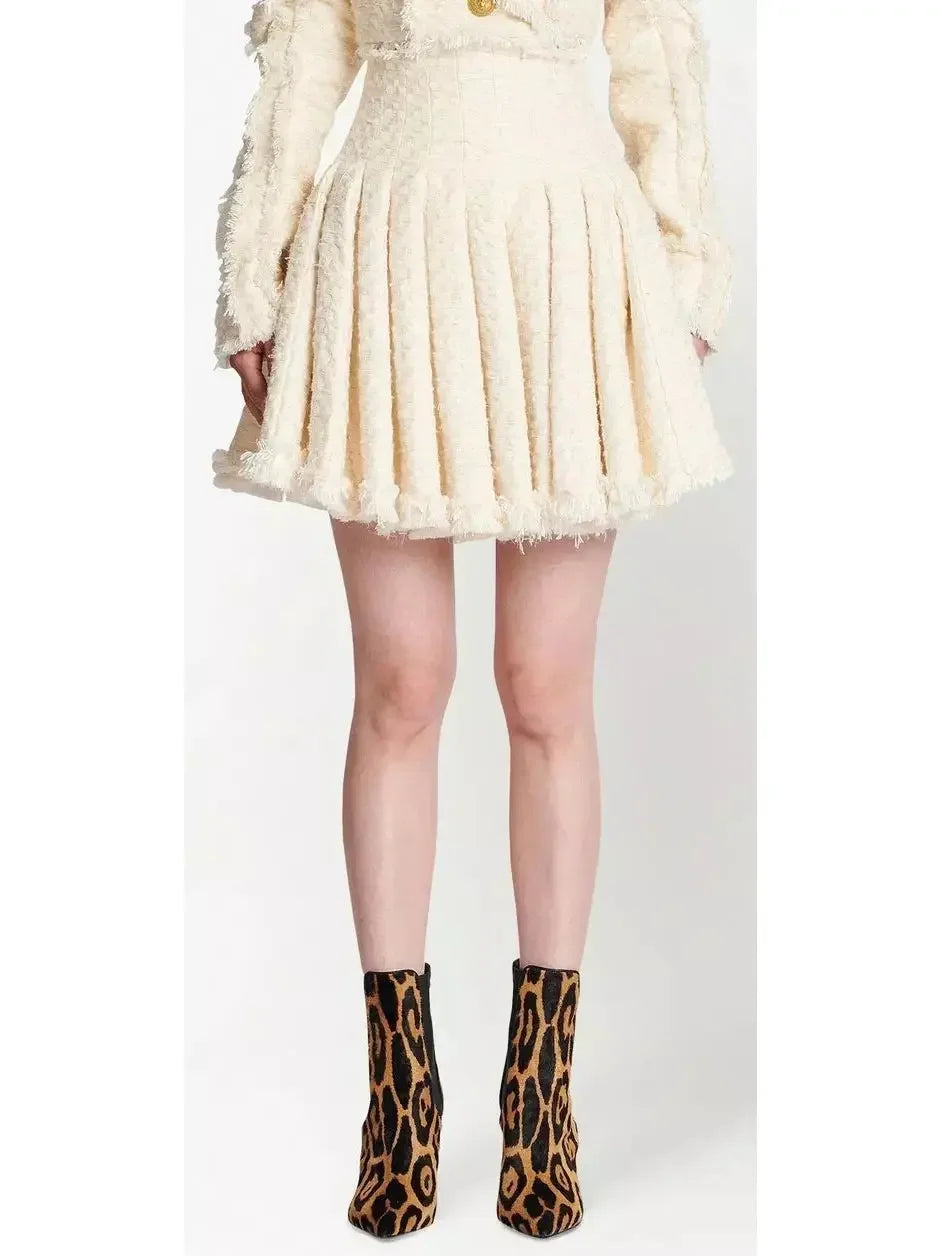 Cropped Tweed Jacket and Pleated Skirt Set - Suits & Sets
