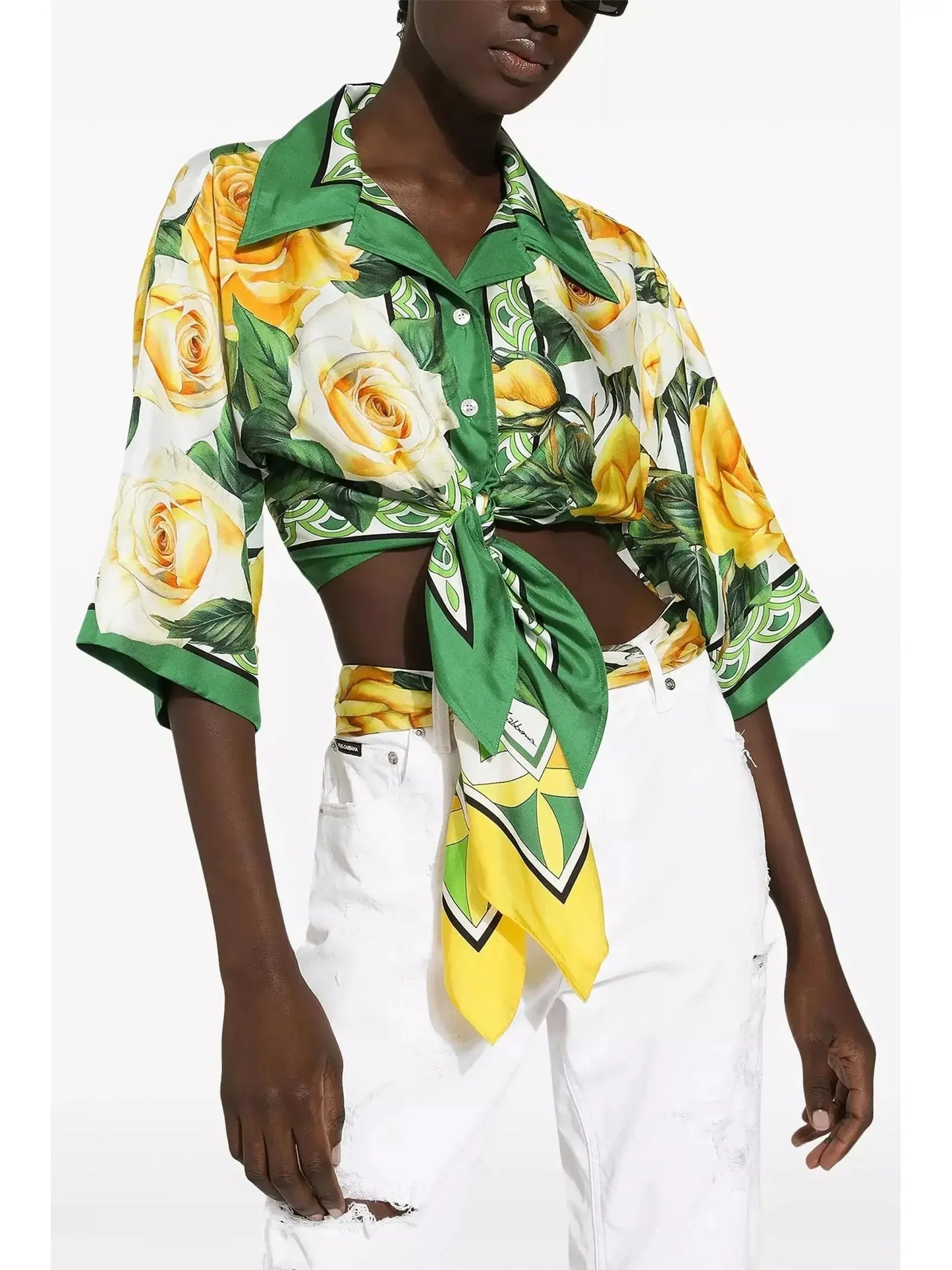 Cropped Yellow-Rose-Print Silk Shirt - Tops